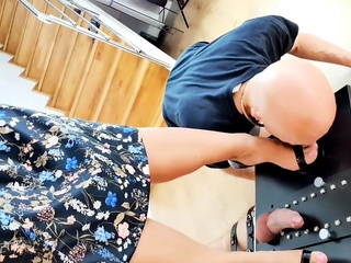 Light femdom and foot fetish play with brunette