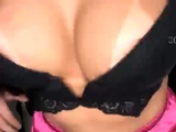 Busty curly brunette with big boobs fucks on couch